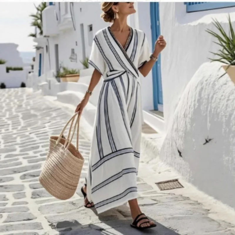 

2026 New Summer Women's Striped Print V Neck Short Sleeve Dress Boho Pleated A Line Flowy Long Dress For Beach Vacation