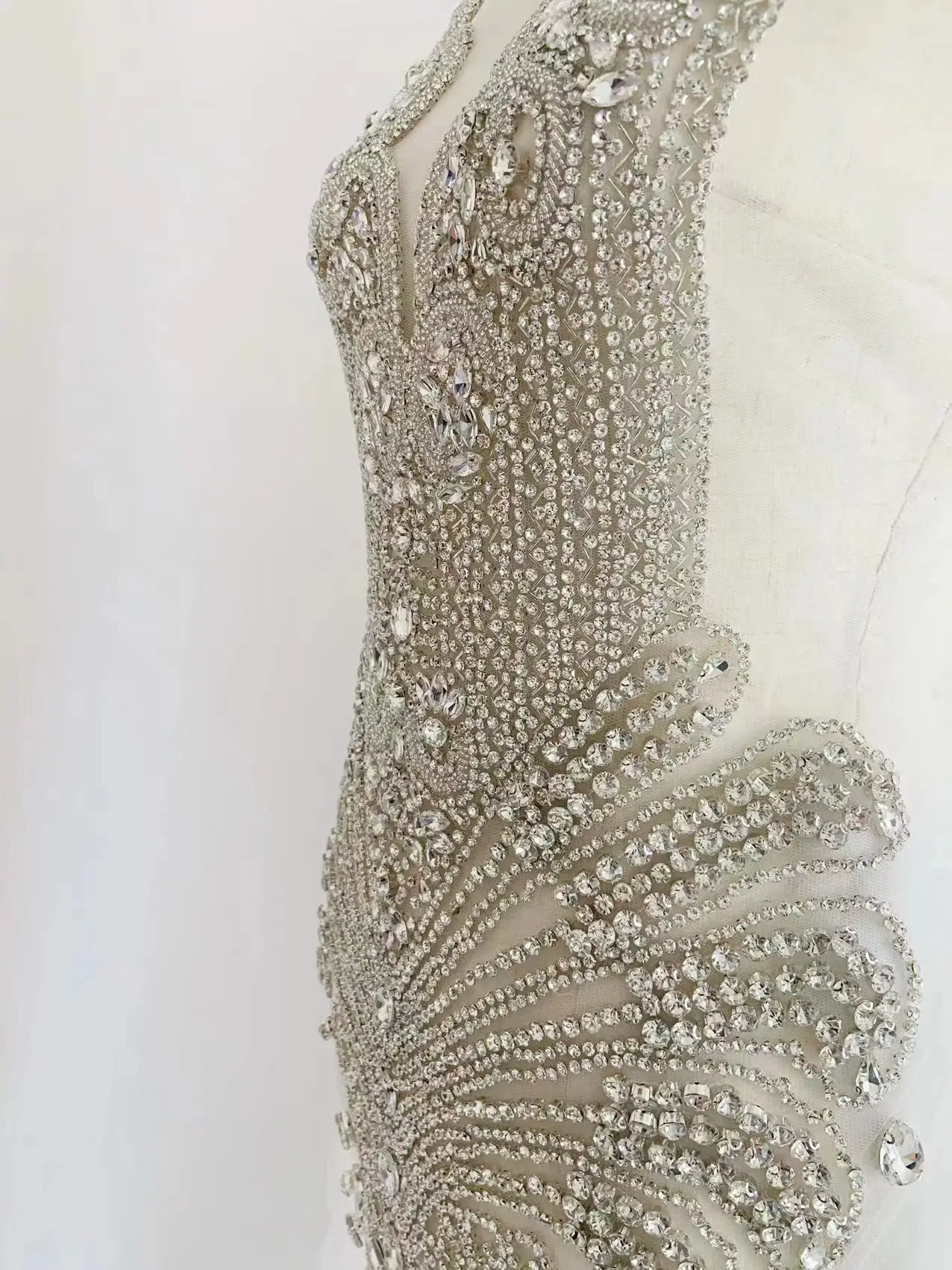 Large Silver Rhinestone Applique Luxurious Sparkle Clear Diamond Crystal Beaded Bodice Mesh Patch for Couture,Ball Gown