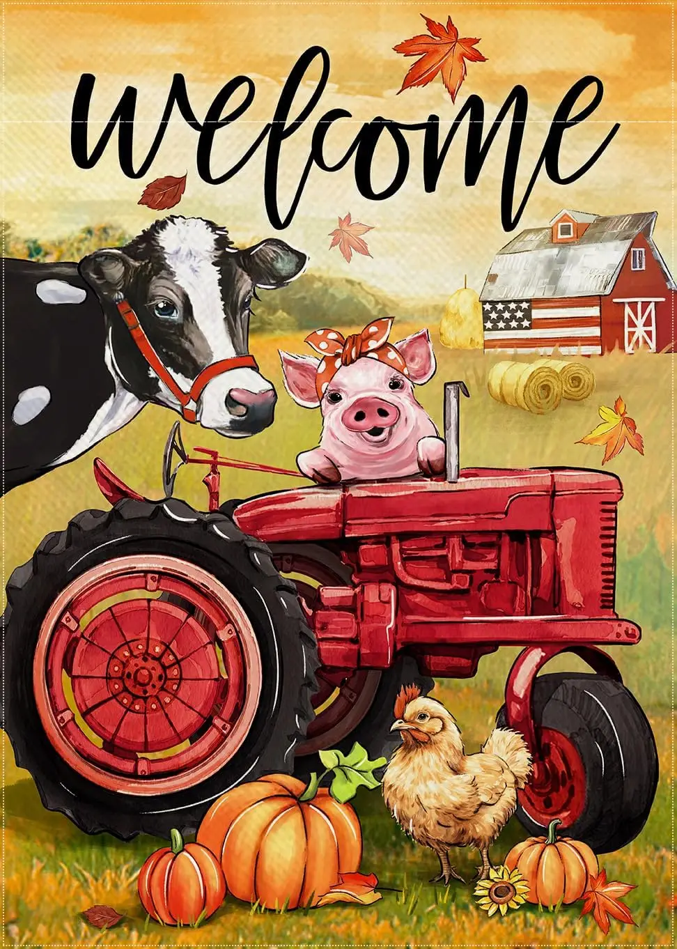 Welcome Fall Farm Animal Red Tractor Decorative Garden Flag, Autumn Cow Pig Chick Barn Country Yard Outside Decorations, Pumpkin