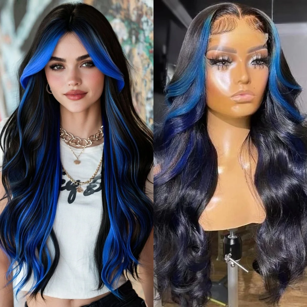 الأسود والأزرق تسليط الضوء على الباروكات الجسم موجة الدانتيل الباروكات الأمامية الاصطناعية 13X4 HD غلويليس جودة عالية قبل قطعها تأثيري للنساء #1