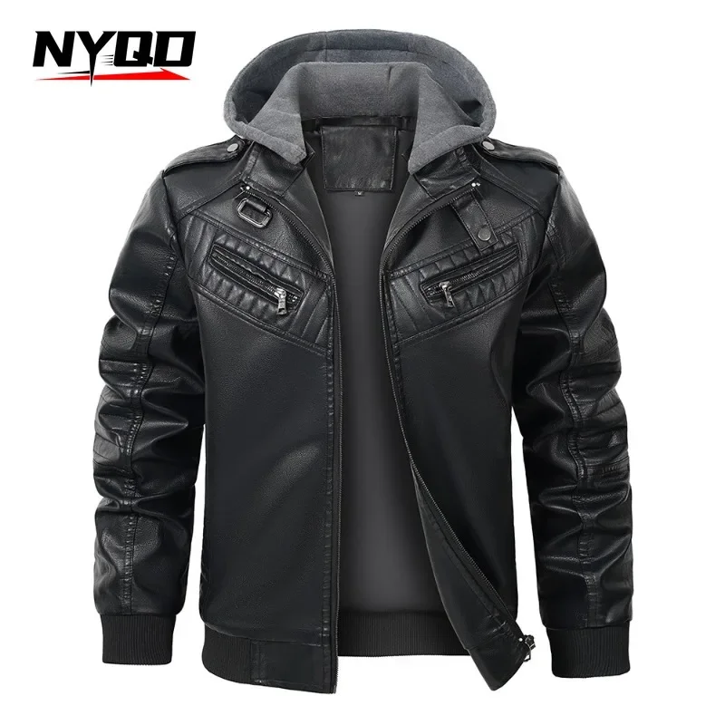 Autumn/Winter Detachable Hooded PU Leather Jacket Collar Chain Leather Jacket Men's Coat  Chaqueta Moto Hombre Invierno