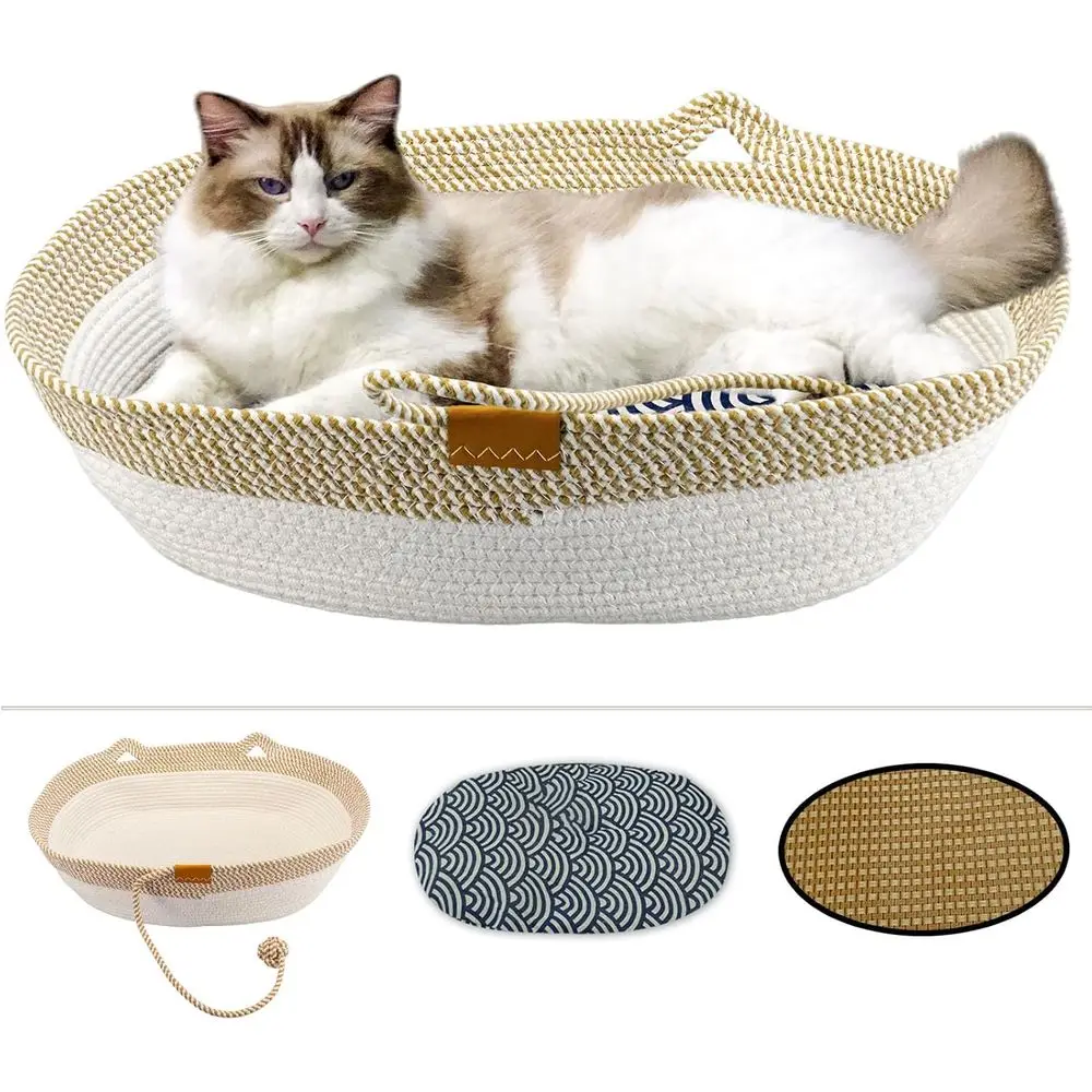 

Oval Cotton Rope Cat Bed, All-Season with Cooler and Cotton Mats, Ideal for Medium Cats & Dogs, Yellow-White