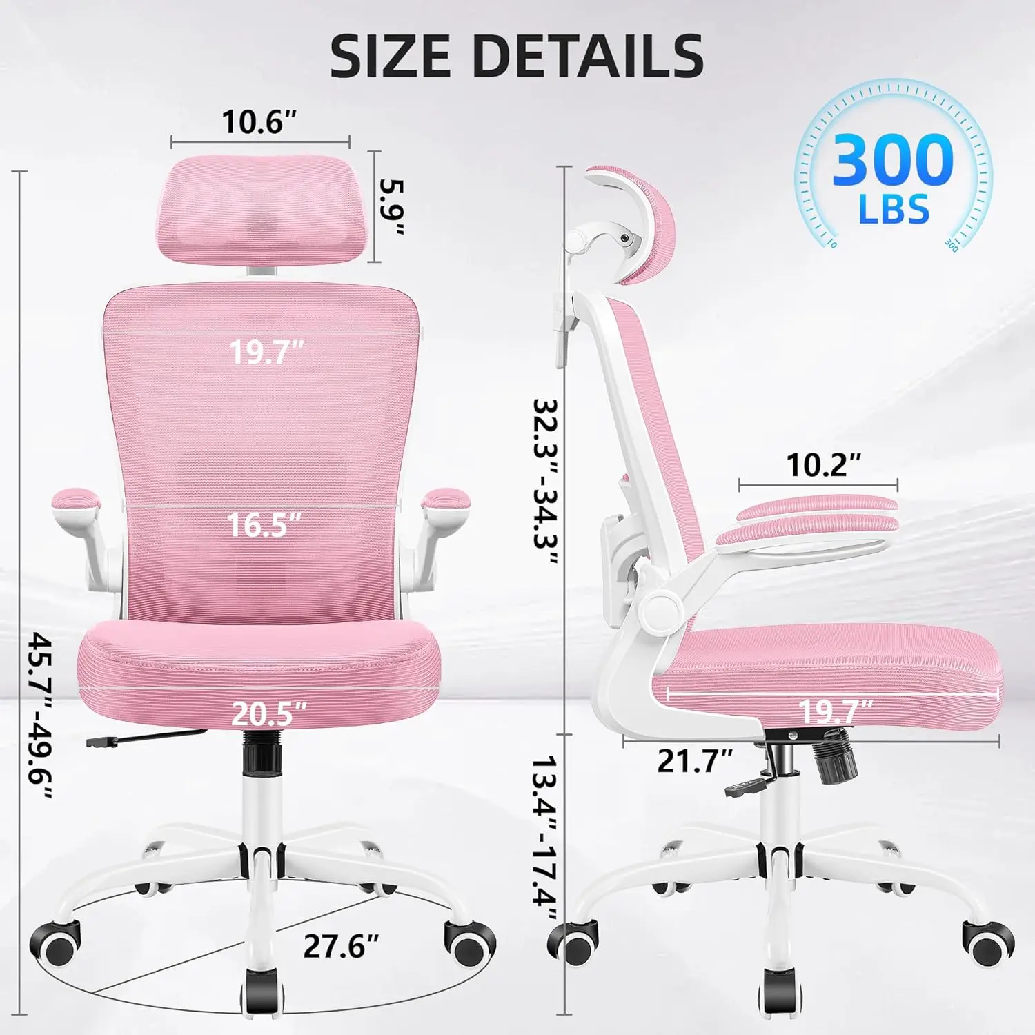 كرسي مكتب، كرسي ألعاب مريح بارتفاع قابل للتعديل مع دعم قطني، مسند ذراع عالي الظهر كرسي دوار للمكتب المنزلي باللون الوردي
