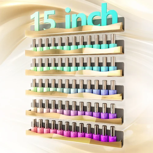 Imagen 1 del producto Paquete de 6 estantes de pared para esmalte de uñas acrílico con espejo dorado: capacidad para 48-66 botellas, decoración elegante y moderna que ahorra espacio