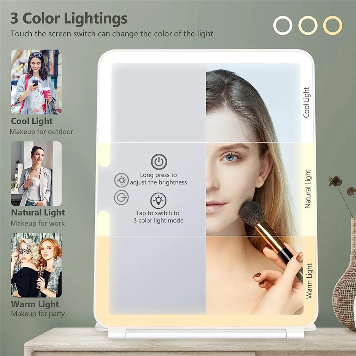 Specchio per il trucco da viaggio con specchio ingranditore 10X, specchio per il trucco illuminato da viaggio, illuminazione a 3 colori, accessori per le donne