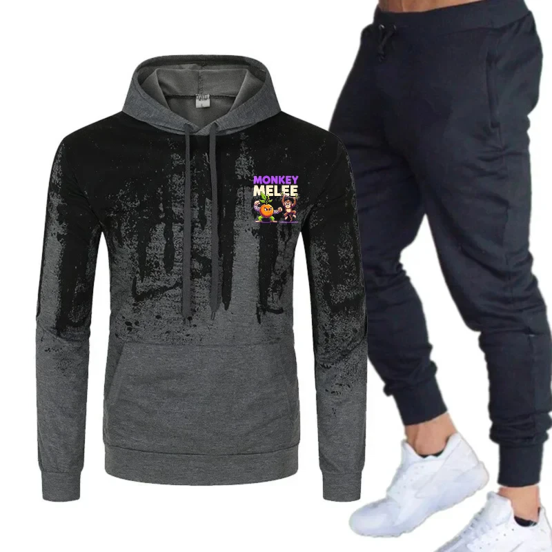 Moletom com capuz masculino preto cinza macacoelee conjunto de moletom estampado casual roupas esportivas para uso diário e atividades físicas