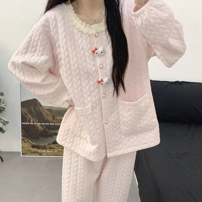 

Kawaii утепленный пижамный комплект из 2 предметов «Hello Kitty Sanrio», аниме, осенне-зимняя теплая домашняя одежда с героями мультфильмов, милый милый костюм для сна для девочек