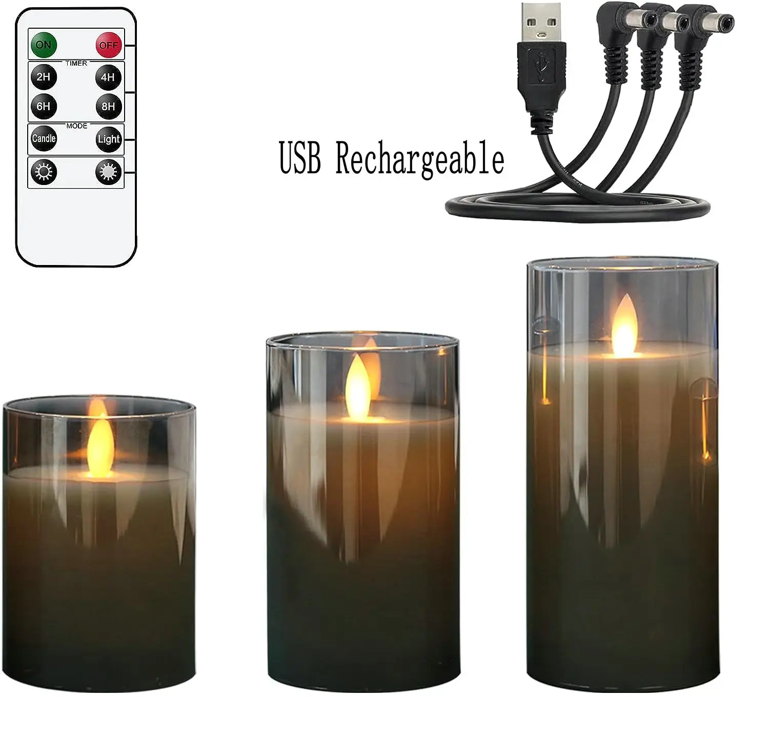 USB Rechargeable/Battery operated LED Glass Candle w/Remote controller Pillar Candle Paraffin Wax Dancing wick Home Decor-Amber