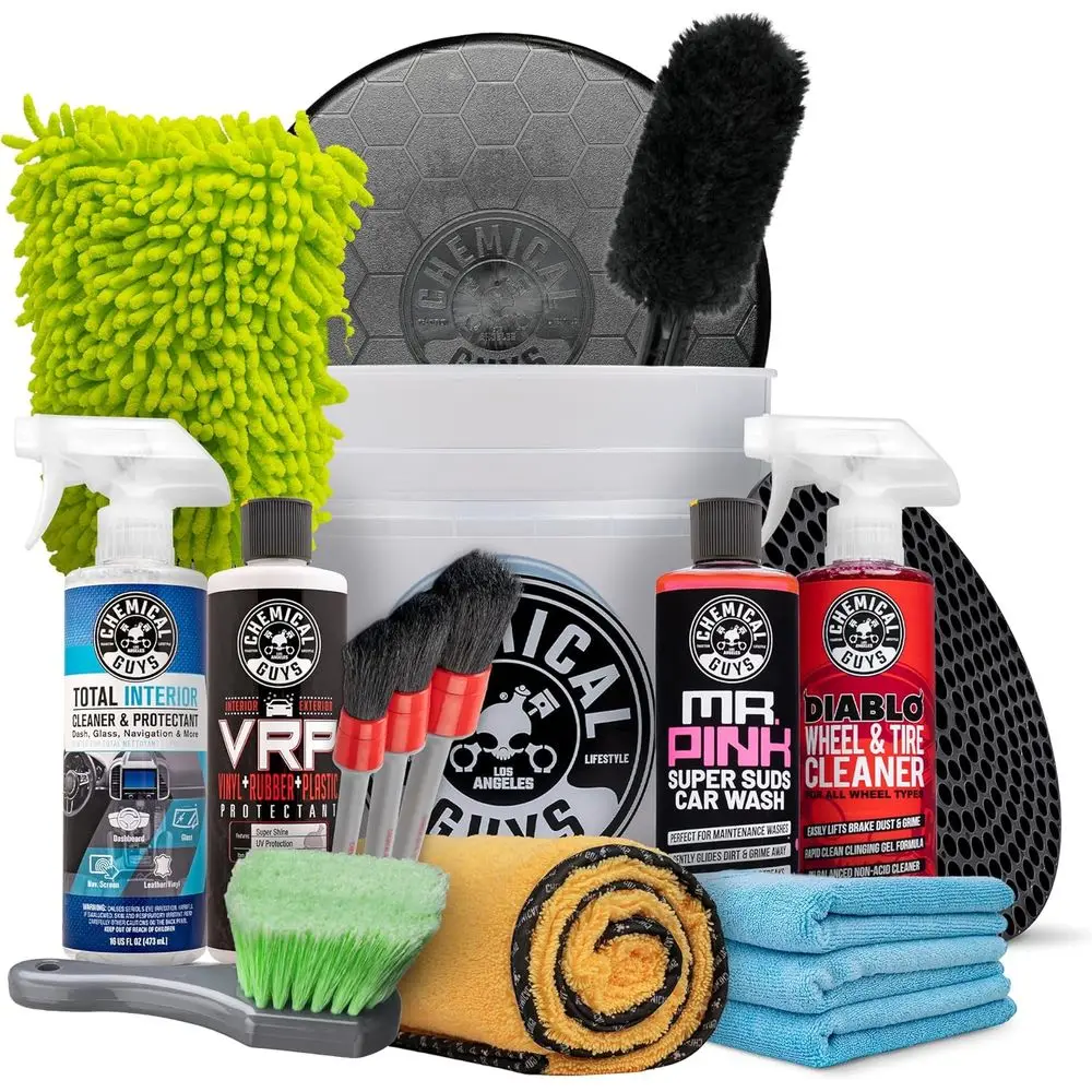 

17-Piece Car Care Kit: Interior Cleaner, Wheel Cleaner, Wash Soap, Bucket, Brushes & Accessories