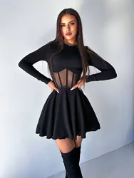 Solid Color Waist Mesh Splicing Design Women's Dress Spring And Summer New Fashion Round Neck Long Sleeve Slim A-line Dress 2025