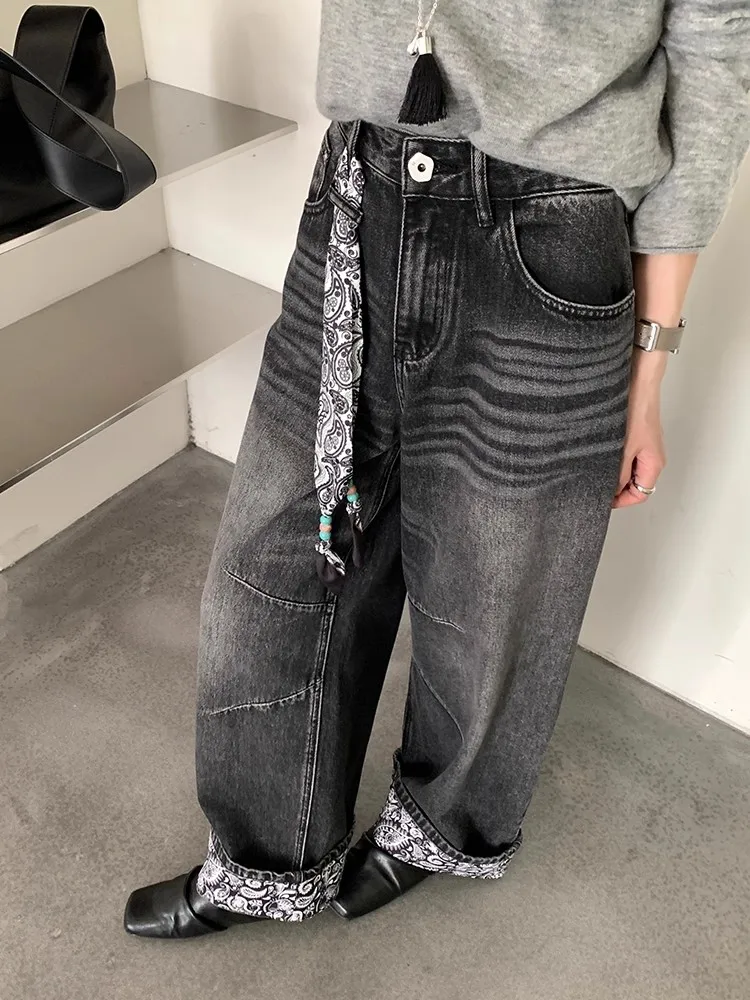 Y2K – jean à couteau incurvé épissé avec fleurs de cajou pour femme, jean amincissant, délavé, jambes droites, automne