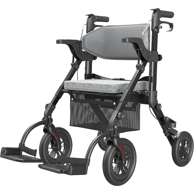 VOCIC 2 in 1 Rolling Walker Chair with Brakes & Pouch for Seniors, Lightweight Foldable Wheelchair, Adult Walkers All Terrain