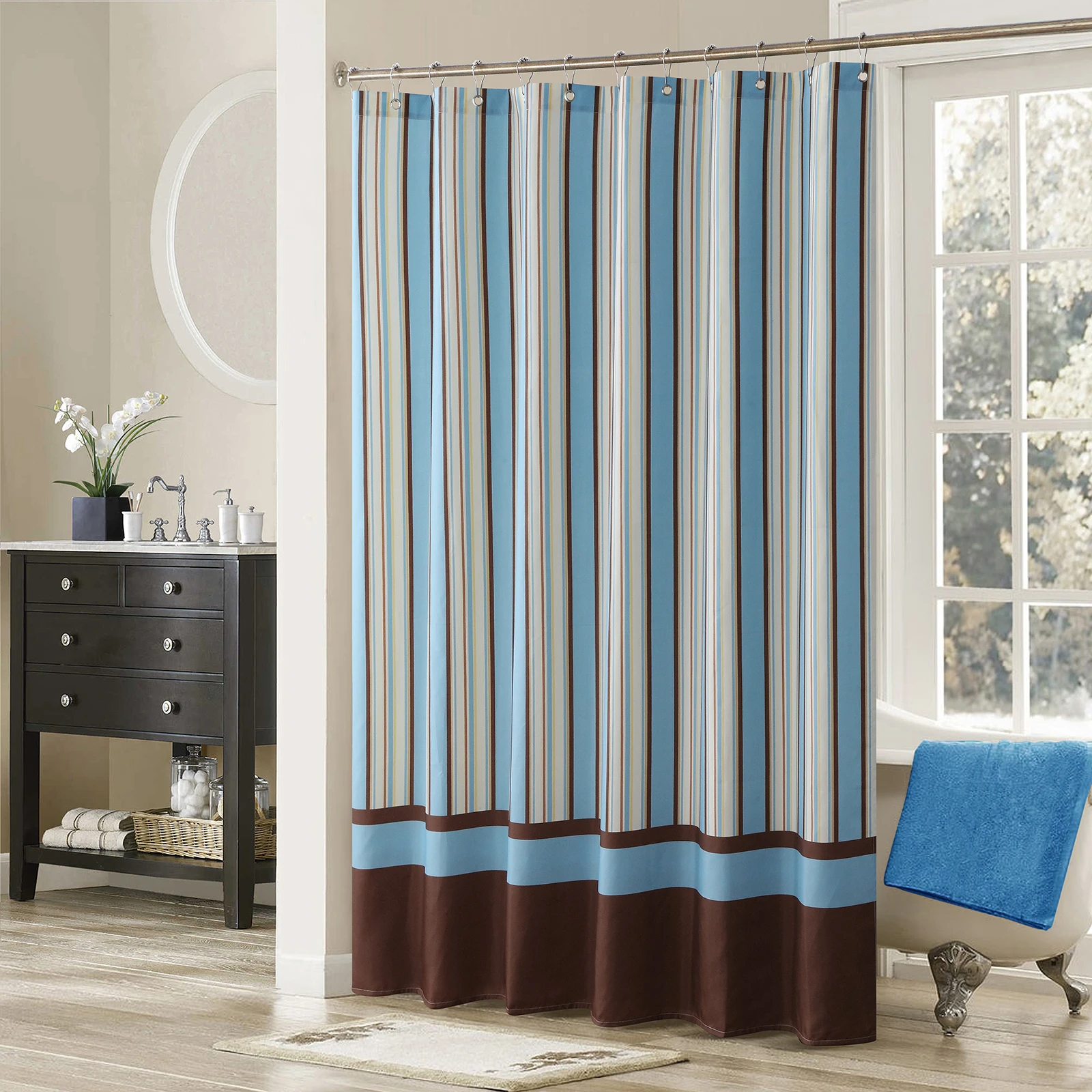 Ridge Striped Farmhouse Blue Classic Polyester Waterproof Fabric Vintage Printed Decorative Brown Shower Curtain