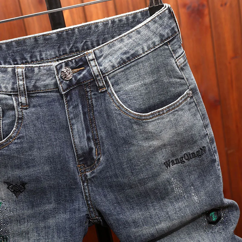 European Style Embroidered Denim Shorts for Men, Summer Thin Five-Point Shorts5Slim Fit American High Street Blue Shorts