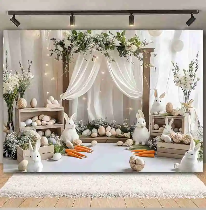 Spring Easter Day Photography Backdrops Rabbit Eggs Green Grass Flower Wooden Door Baby Portrait Background Photo Studio Props