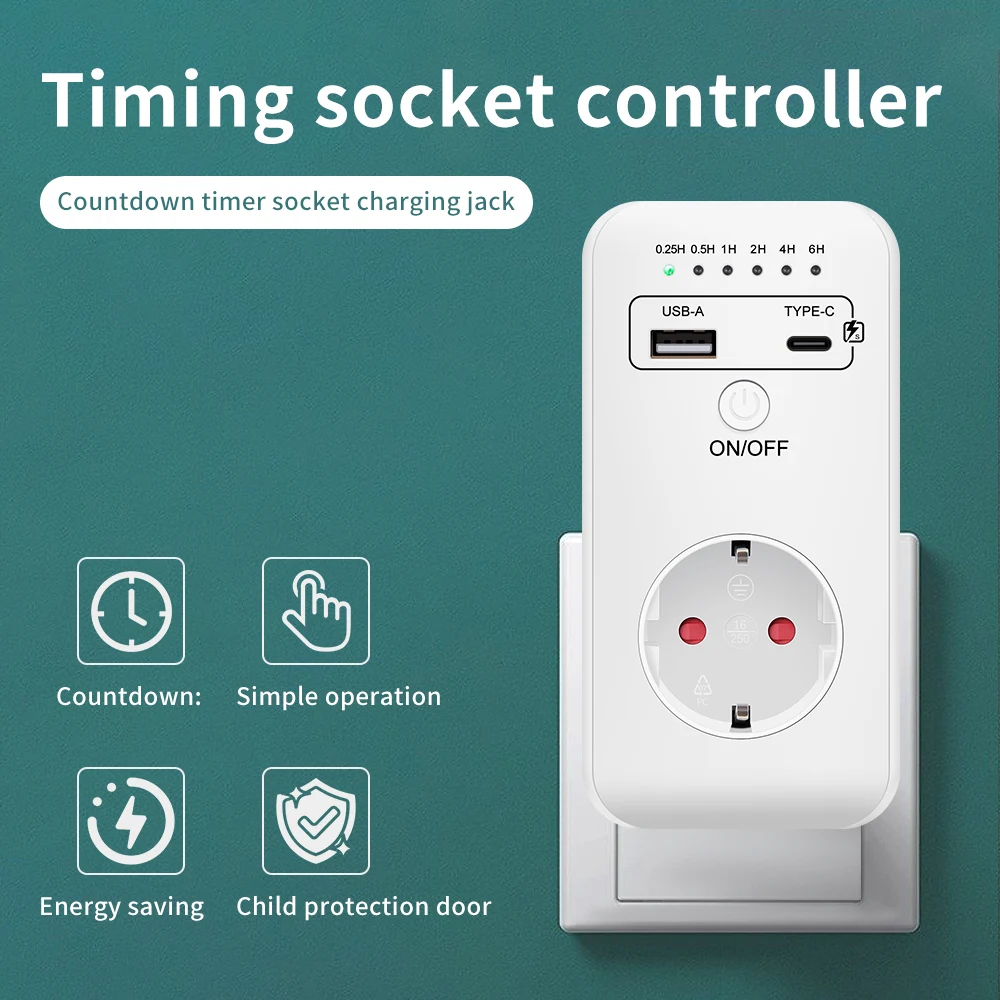 Timer Switch Timing Controller Socket 6-hours Countdown Automatic Shutdown with USB Type-C Fast Charging Ports 230V EU Plug