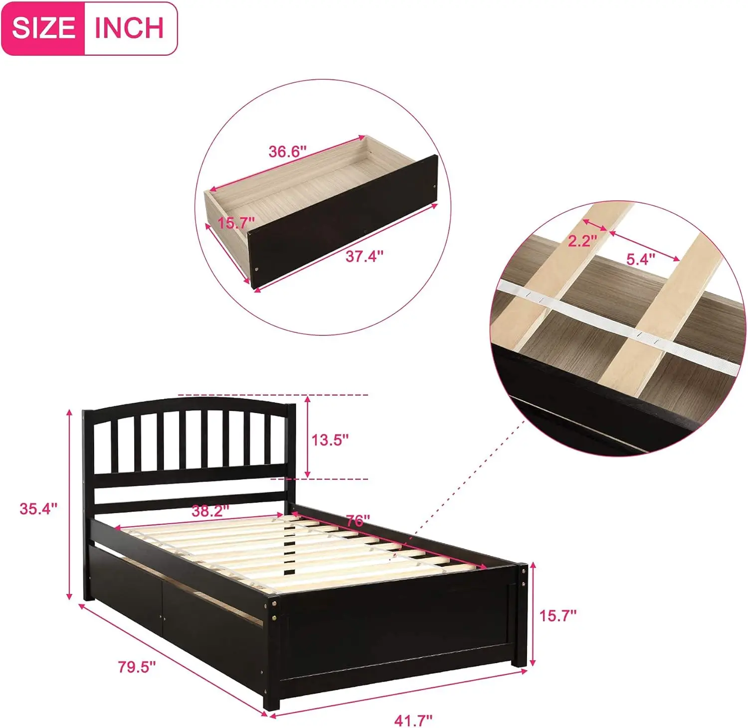 Twin Storage Bed Frame, Wood Platform Bed With Two Drawers And Headboard, Espresso