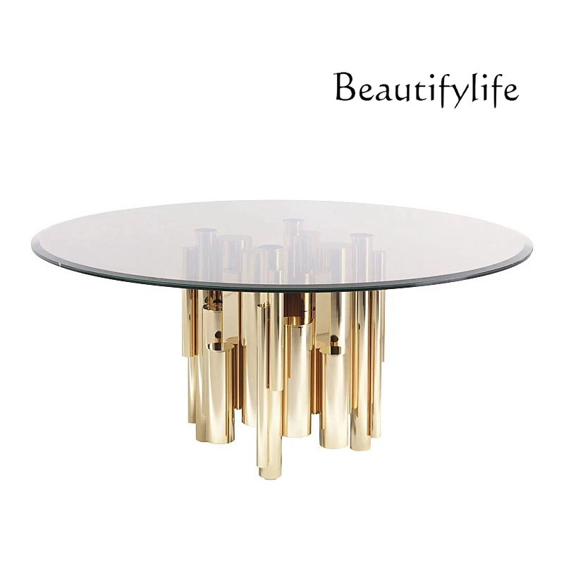 

Italian light luxury tempered glass dining table mansion villa high-end round table marble dining table tables and chairs