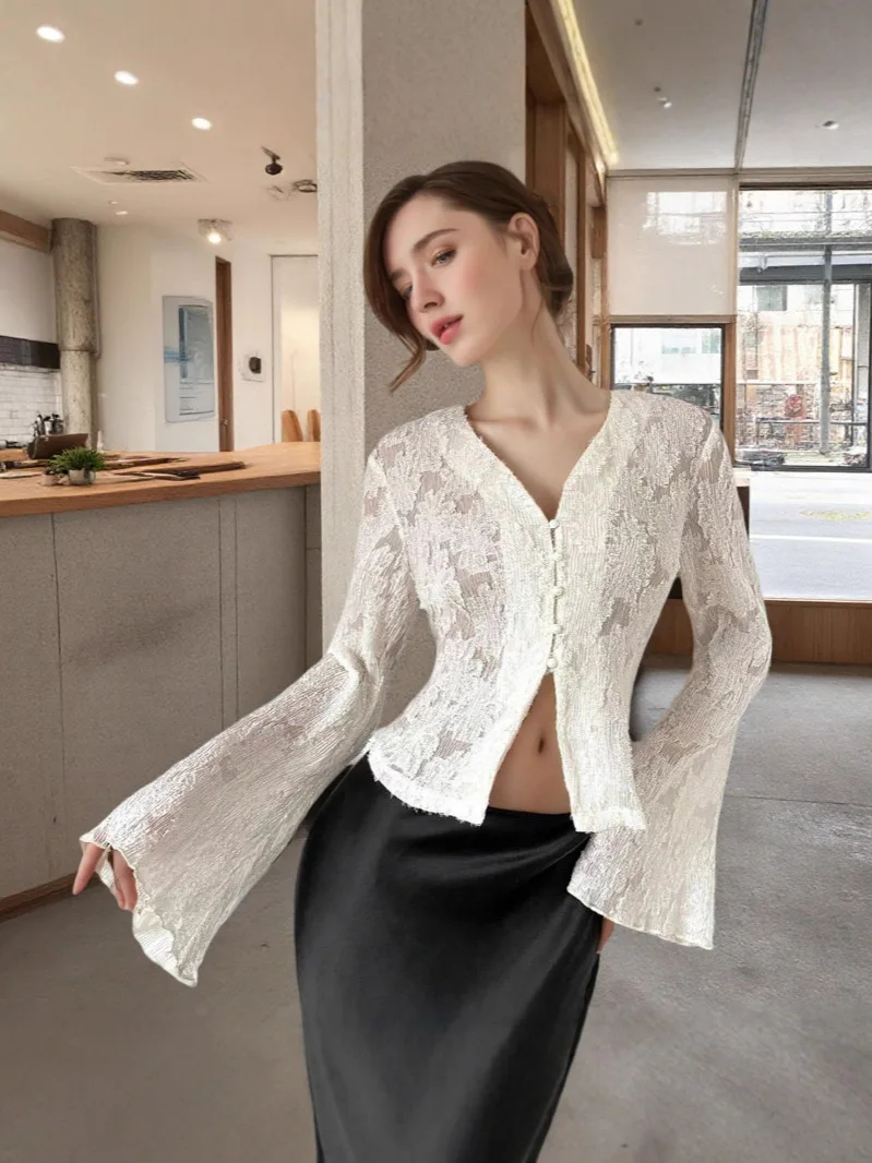 

French Draped V-Neck Chic White Lace Kimono Oversized Bell Sleeve Cardigan for Spring Elegant Lazy Style Cover Up