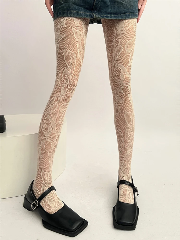 Women Lace Tights Sexy Mesh Hollow Out Thigh High Stockings Lolita Retro JK Flower Embroidery Floral Jacquard Fish Net Pantyhose
