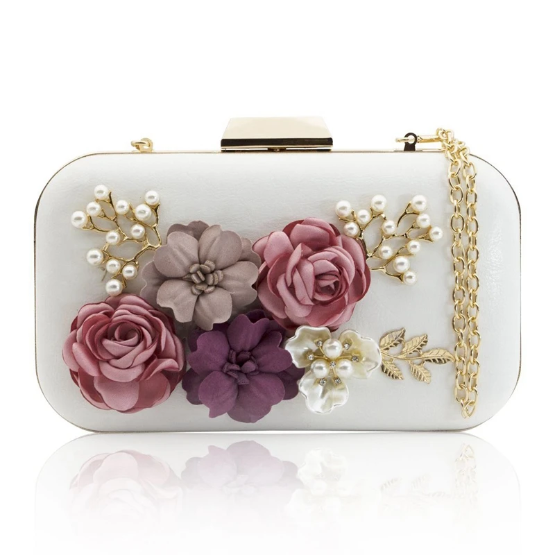 Women Clutches Purses Bags Flower Leather Envelope Pearl Wallet Evening Handbag(White)