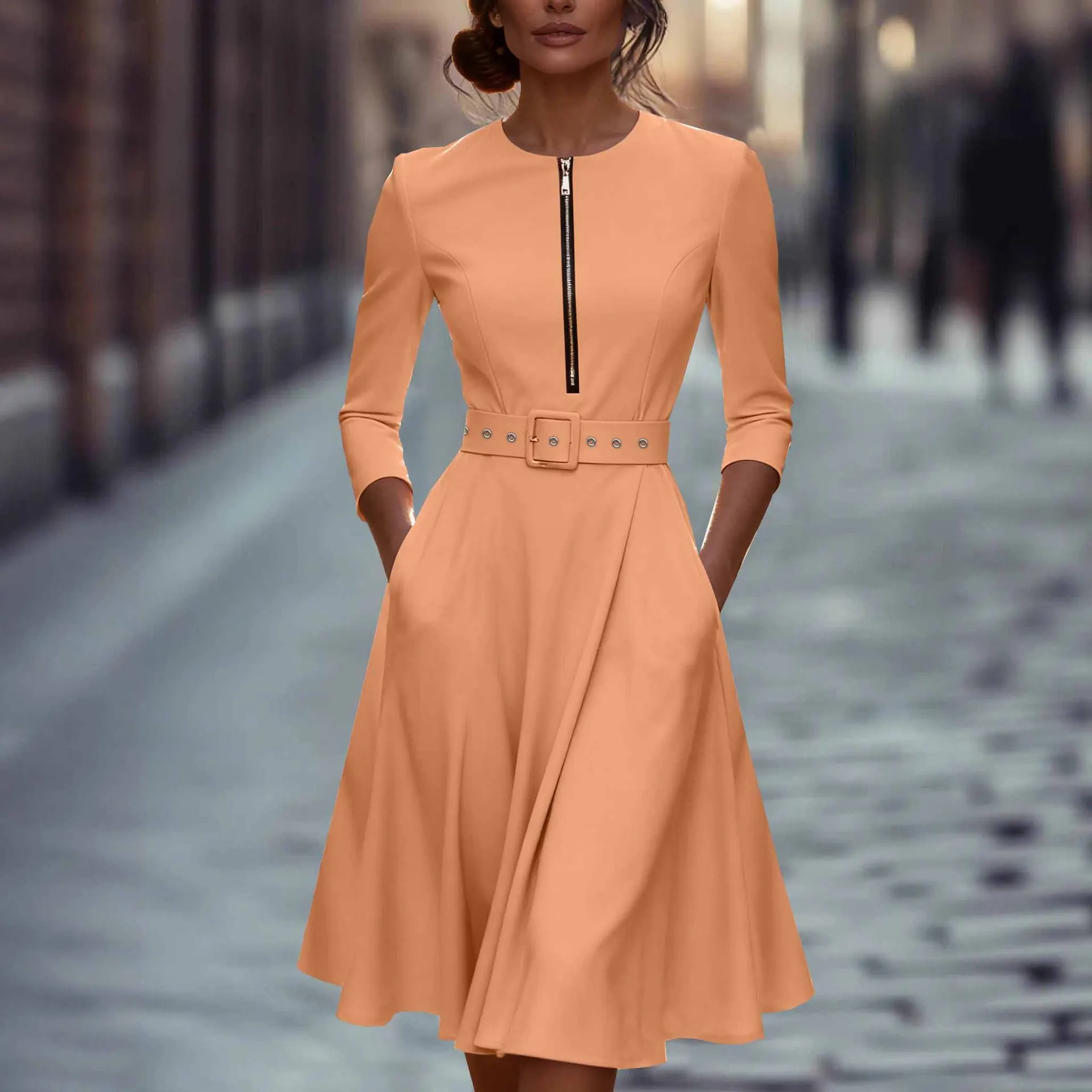 2025 Spring and Autumn 7-quarter Sleeve Zipper Pocket Dress with Belt
