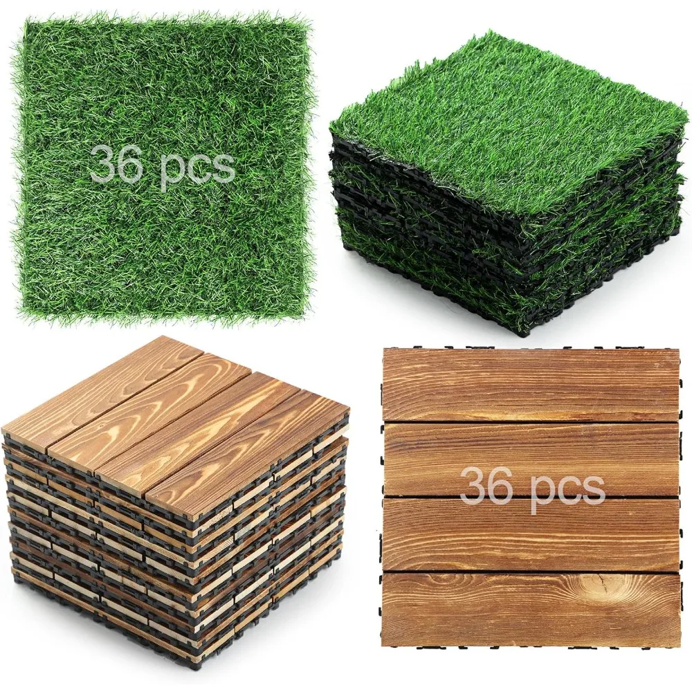 

72 Pcs Hardwood Interlocking Patio Deck Tile and Artificial Grass Tile 12 x 12 In Waterproof Wood Flooring Tile Interlocking