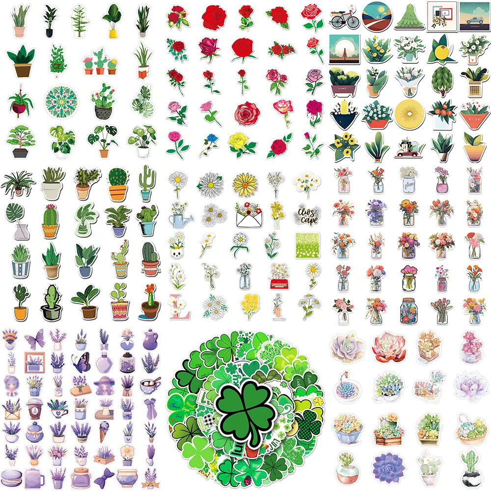 10/30/50PCS Cartoon Flowers Potted Plants Sticker Creative Clover Graffiti Laptop Luggage Refrigerator Cup Decoration Wholesale