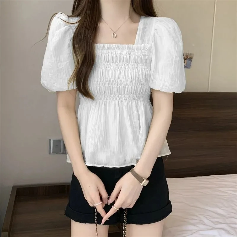 Camisa de gasa de manga corta para mujer, traje de verano 2025, nuevo diseño, Top corto liso, blusa ajustada elegante a la moda para mujer