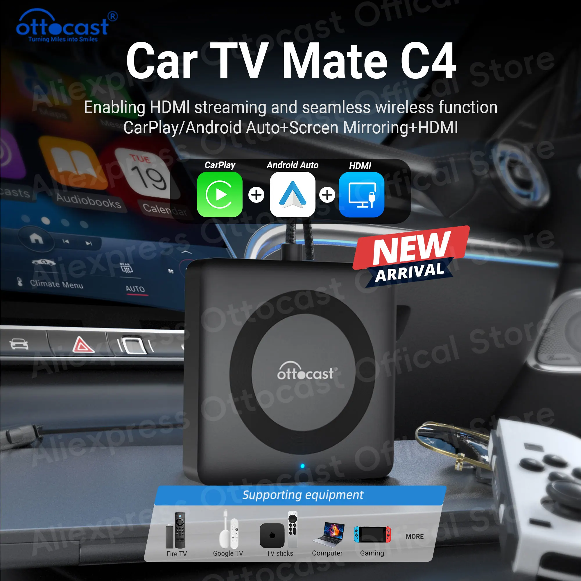 OTTOCAST Car TV Mate Pro C4 Car Accessories Wireless CarPlay Android Auto Adapter Video Converter for HDMI for VW Benz Chevrolet