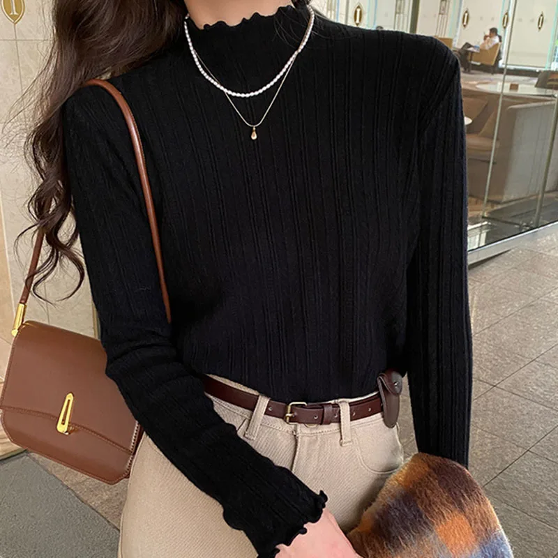 Ruffled Mock Neck Pullover Women Solid Color Ribbed Knitted Bottoming Shirt Female 2026 Autumn Winter Soft Long Sleeve Sweater