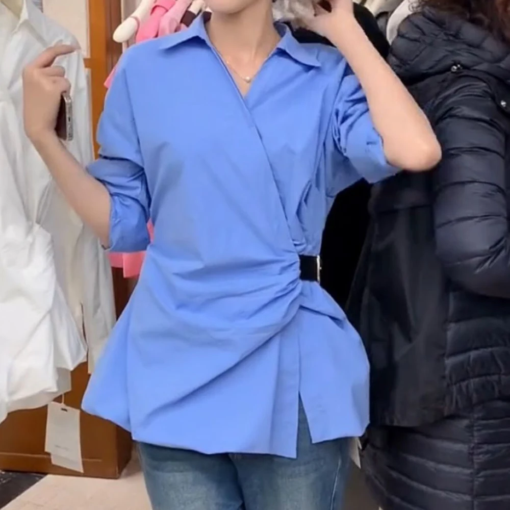 Korean version of the design sense Polo collar belt waist thin long-sleeved shirt women's 2025 new chic top shirt