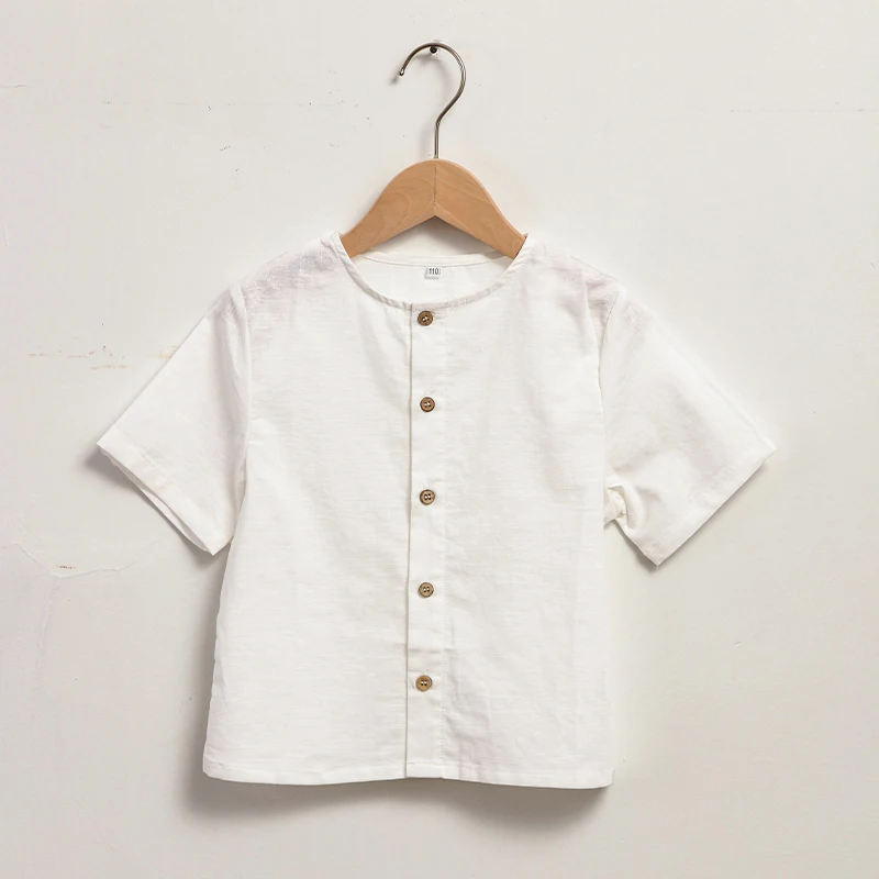 Boys Linen White Short-Sleeved Shirt Summer New Children\'s Round Neck Single-Breasted Casual Daily Cotton And Linen Shirts