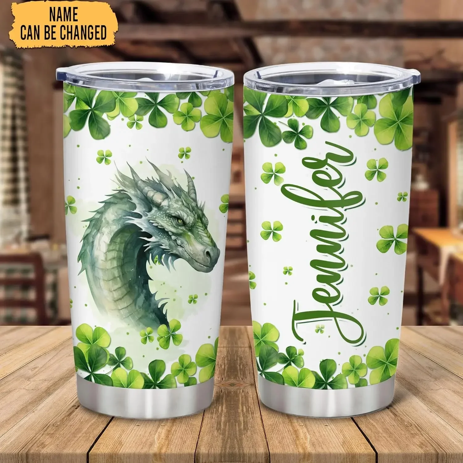 Hyturtle Personalized Gifts Dragon Lover - With Lucky Four Leaf Clover Custom Name Coffee Tumbler Cup Stainless Steel 20oz