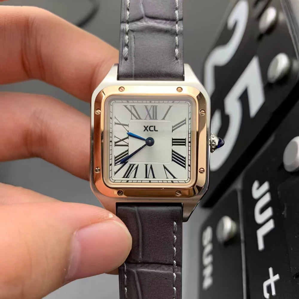 

2026High-quality luxury men's and women's watches quartz couple rose gold black white Roman dial Lover leather blue Reloj Hombre