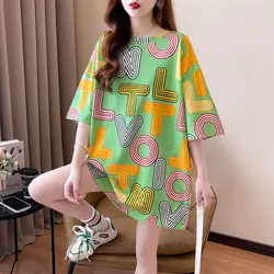 Elegant Fashion Harajuku Slim Fit Female Clothes Loose Casual All Match Tops Women Printed O Neck Insert Short Sleeve T-shirts