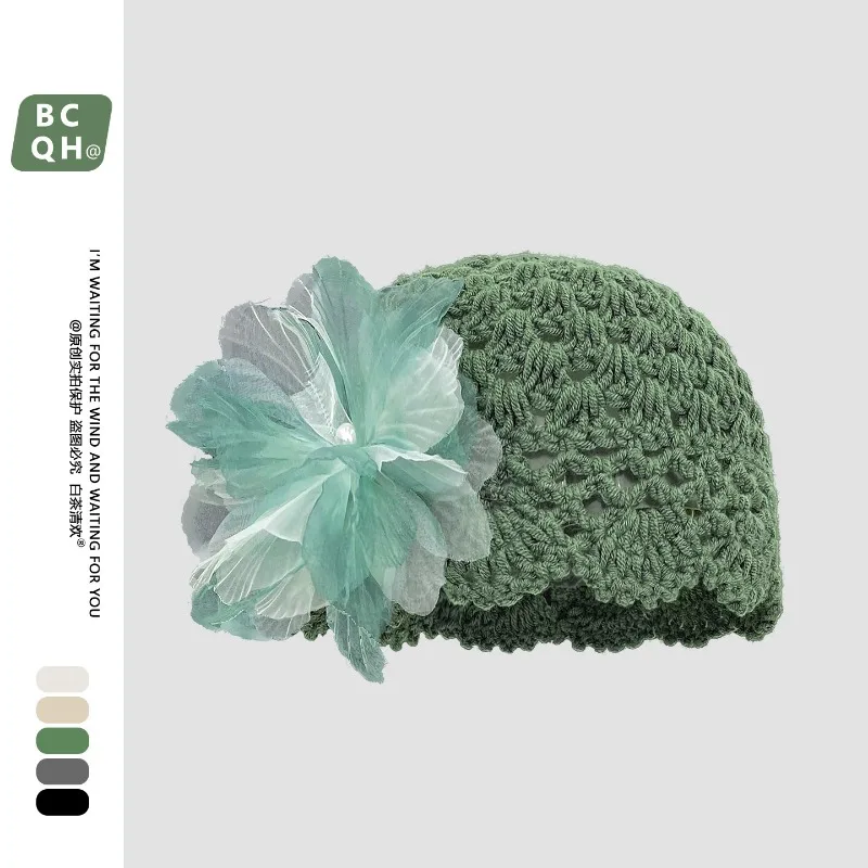 Korean Three-dimensional Flower Knitted Pullover Hat Women Spring and Summer Travel Light and Breathable Versatile Beanie Cap