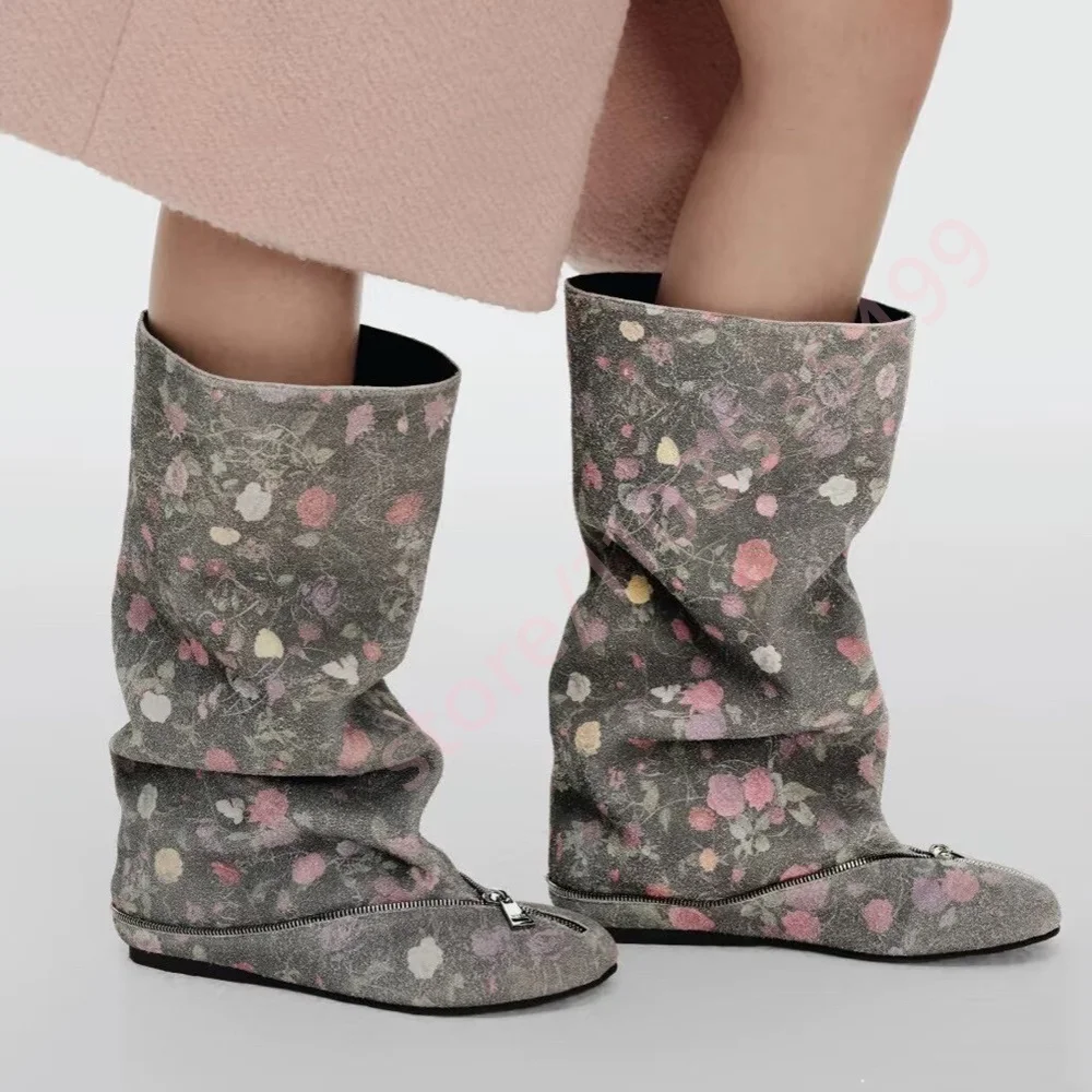 2026 New Grey Floral Print Flat Boots Women Casual Comfortable Knee-High Round-Toe Zipper Boots Fashion Autumn & Winter Footwear