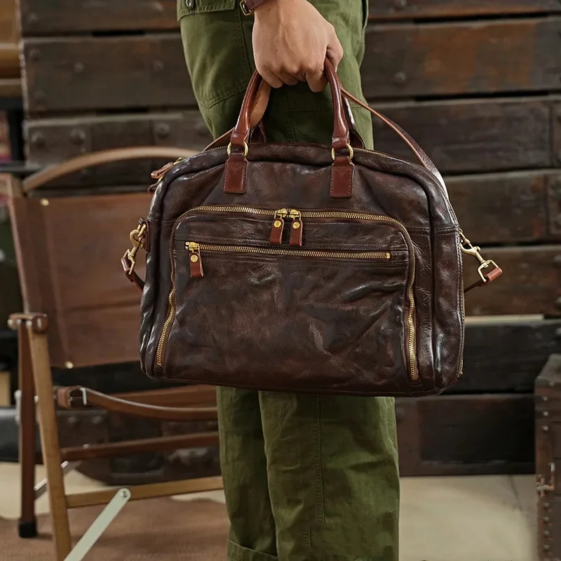 

Genuine Leather Washed Water Head Layer Horseskin Men's Briefcase Hand-held Crossbody Shoulder Handbag Outdoor Travel Work Bag