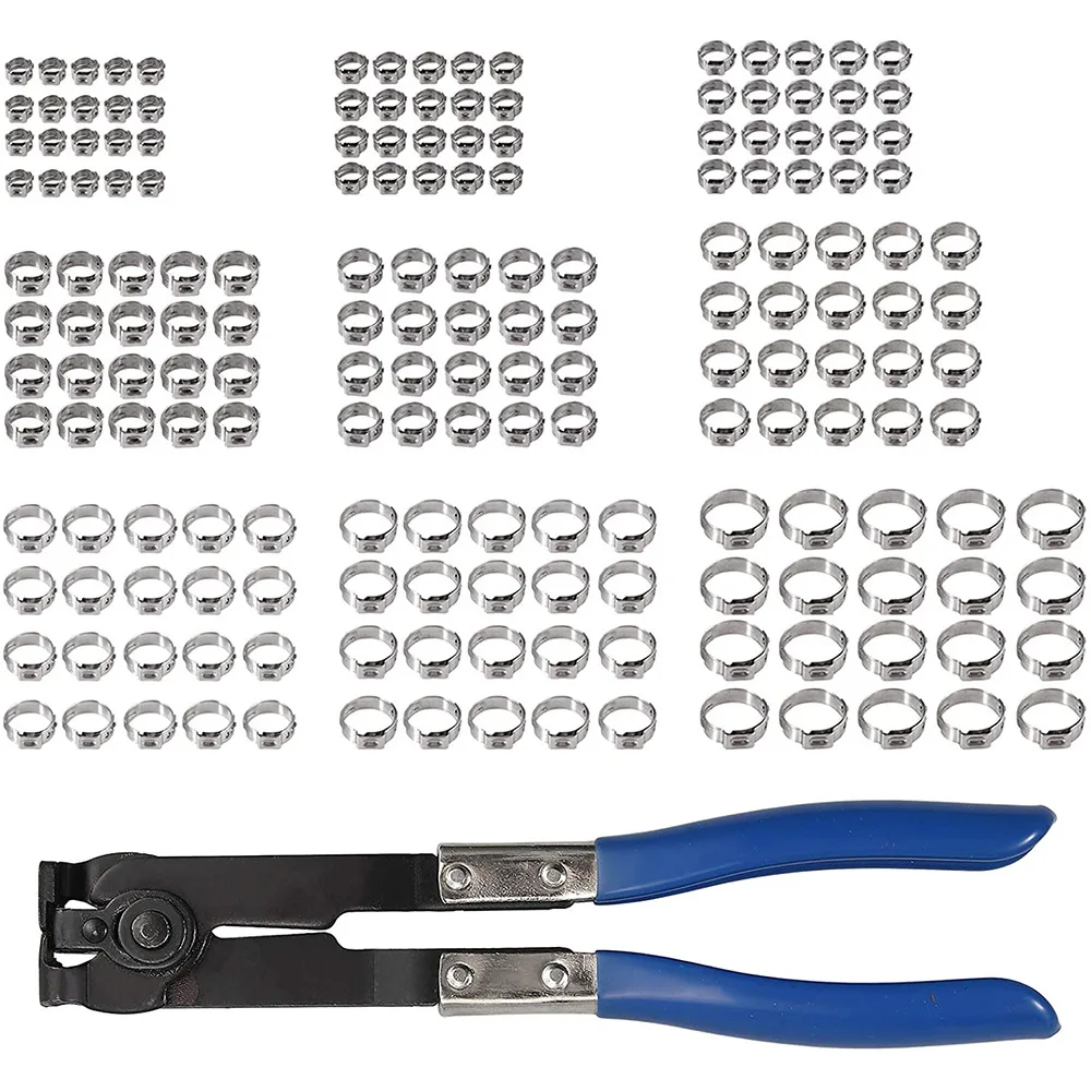 180PCS 5.8-21Mm Ear Stepless Hose Clamps 304 Stainless Steel Single Hose Crimping With Blue Clamp Pliers Wood Working Tools