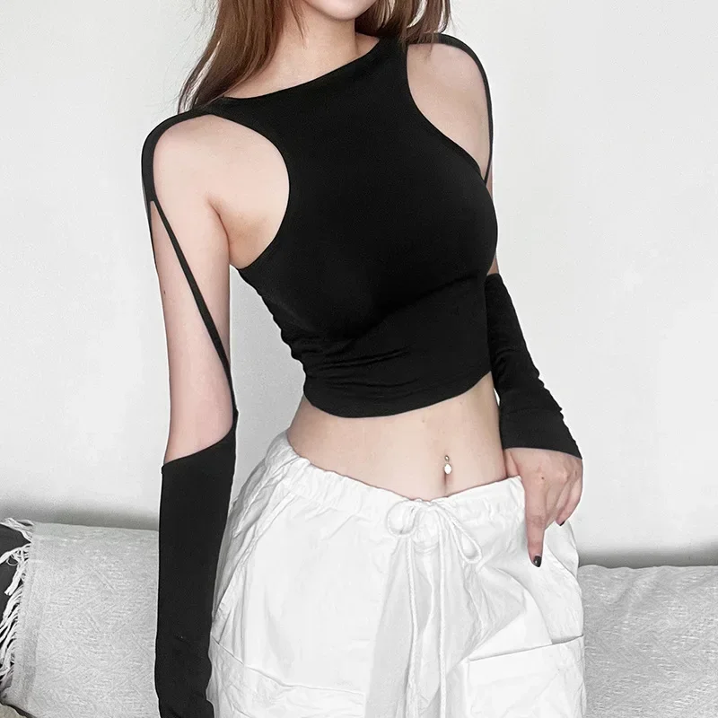 Women's Clothing T-shirt Elegant Street Cool Sassy Personality Style Creative Cutout Tight Slim New Fashion Solid Color Sexy