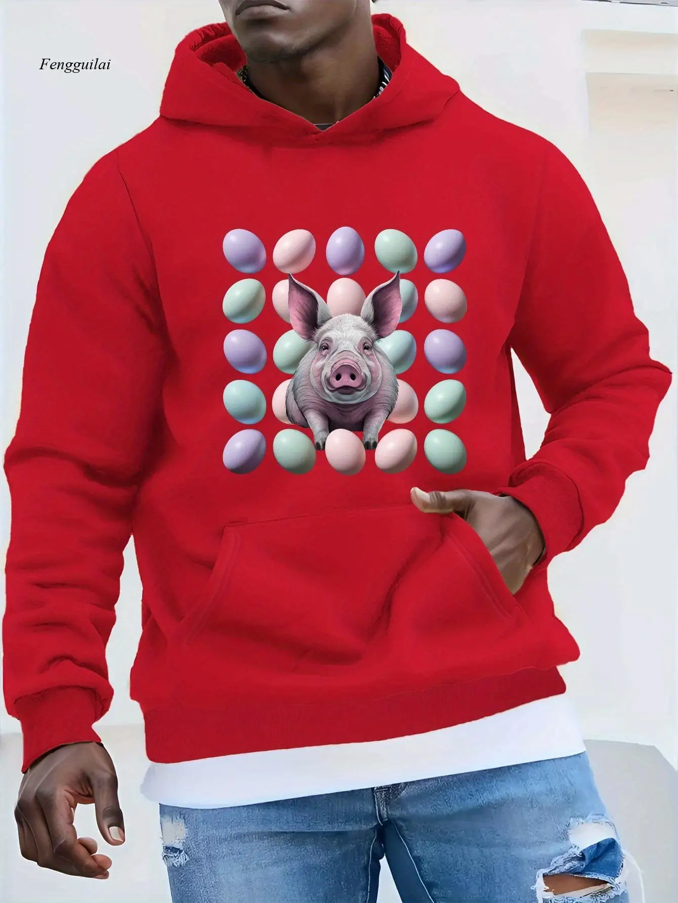 Hoodie in Red with Whimsical Pig & Rabbit Ears Design - Casual, Loose Fit, Machine Washable