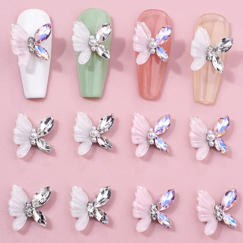 

10pcs Nail Gems Charms Butterfly 3D Nail Art Decoration Pink White Butterfly Wings Crystal Jewelry 12*14MM Nail Decoration Gems