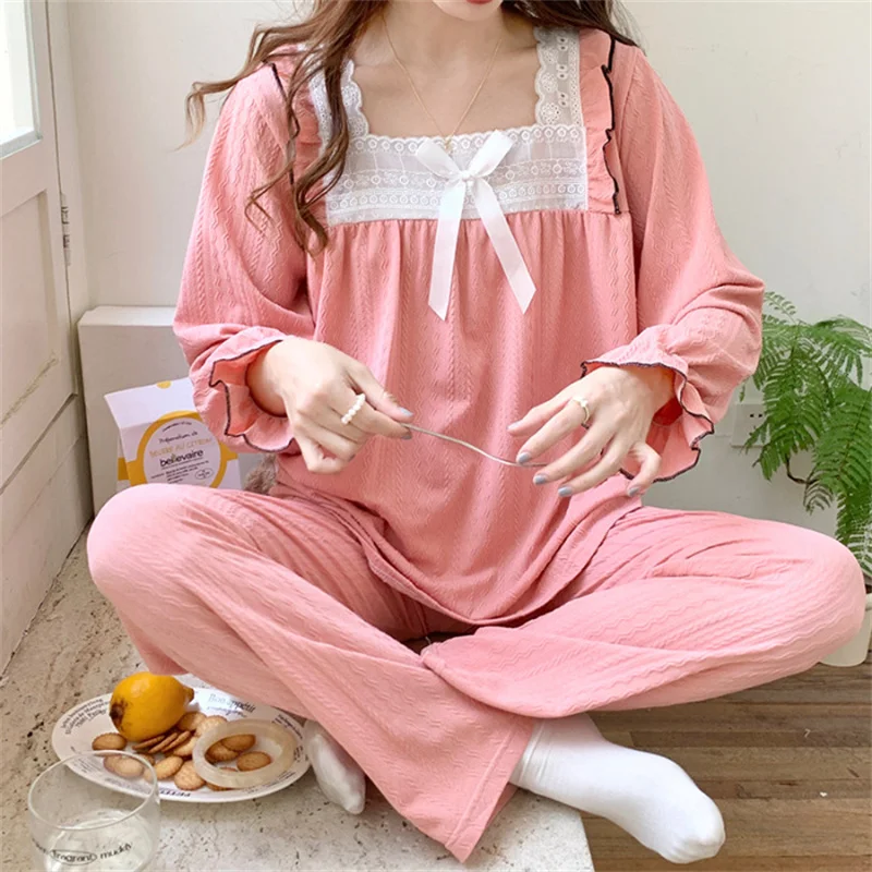 Spring Autumn Princess Style Print Sleepwear Set Long Sleeve Top Pants Ruffle Home wear Skin-Friendly Breathable Pajama