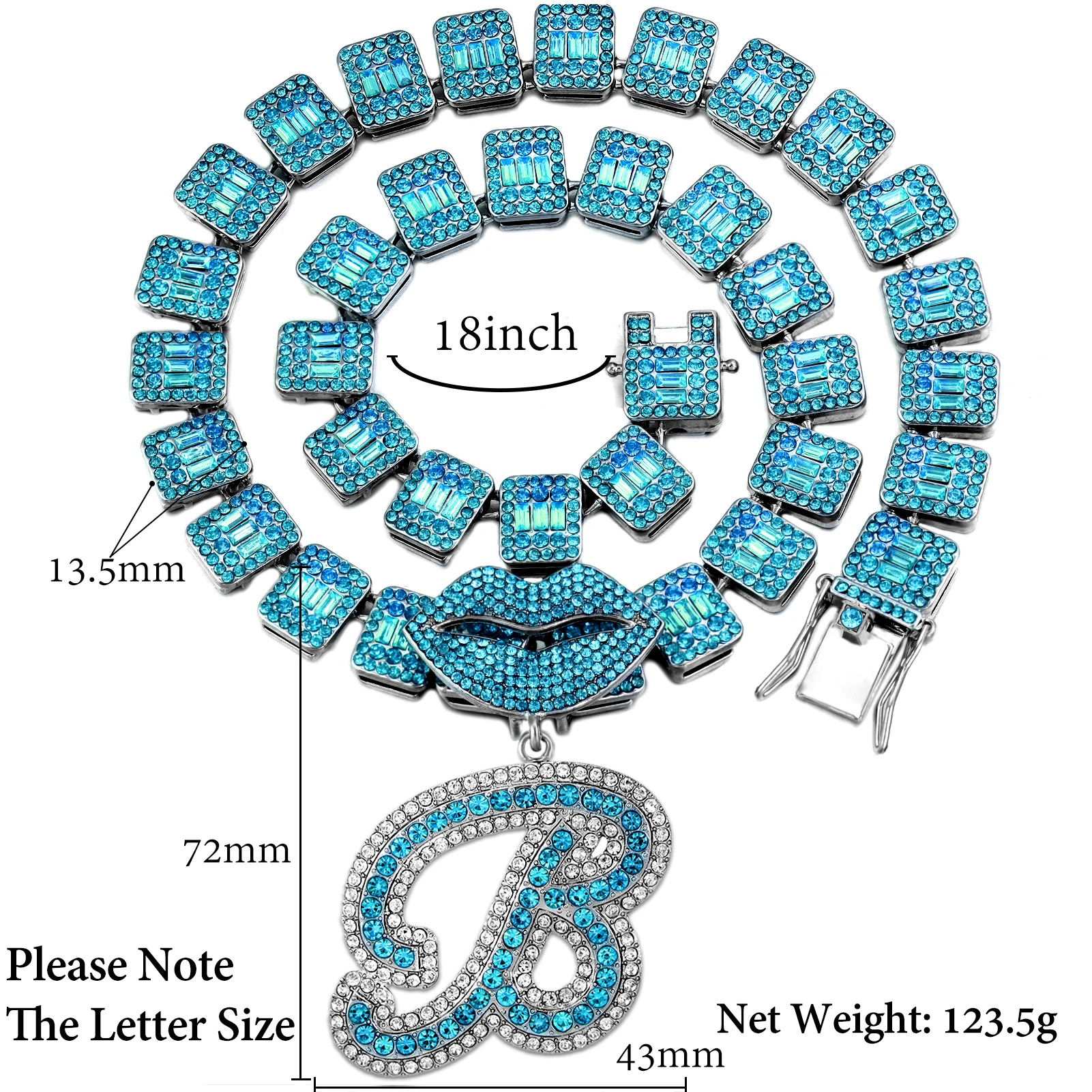 Iced Out Blue Cursive Initial Crystal Letter Necklace For Women High Quality Square Cuban Chain Baguette Rapper Necklace Jewelry