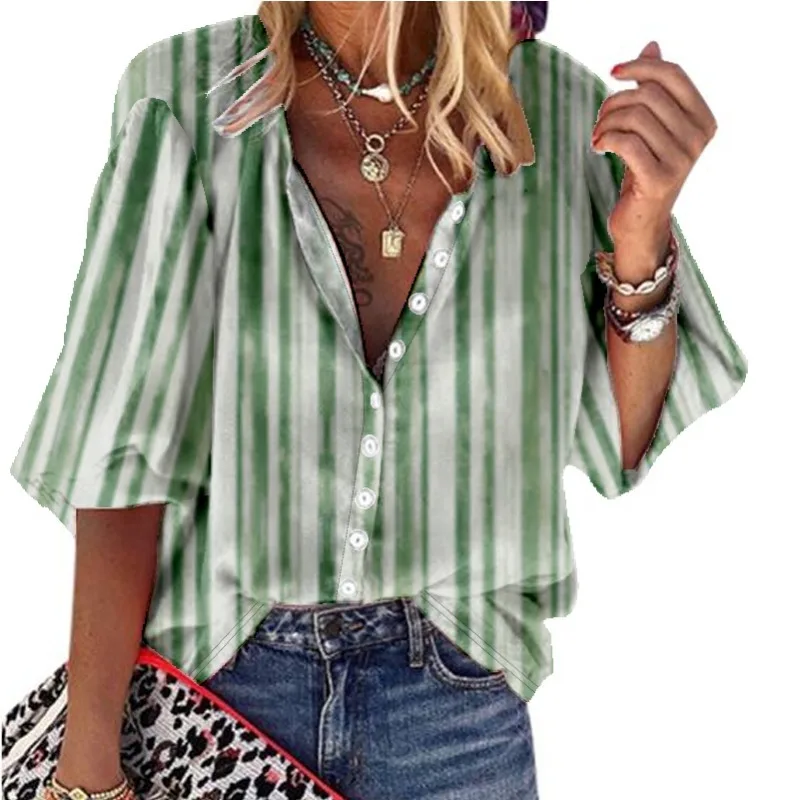 Spring Classic Striped Shirts Half Sleeve Blouse Summer Retro Fashion Women Trend Casual Oversized Cardigan Street Tops Blusa