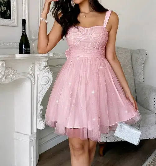 Luxury Evening Dress 2025 Elegant High Waist Dress Sexy Mesh Patchwork Flash Suspender Dress Bow Decoration Mini Party Dresses