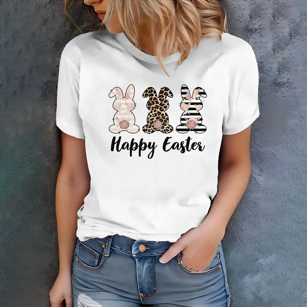 

Радостный и теплый стиль, чистая белая основа с принтом кролика, пасхальная повседневная женская модная и универсальная футболка с короткими рукавами