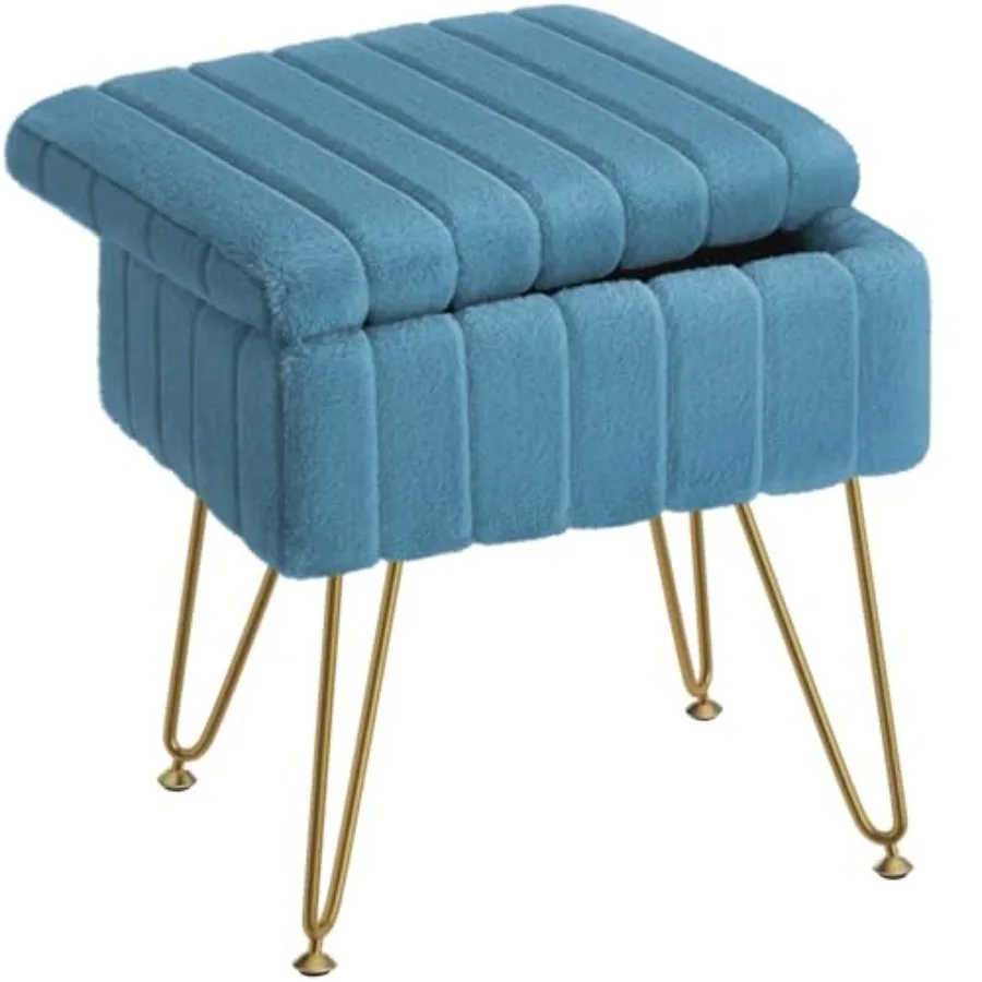 

Vanity Stool Chair Faux Fur with Storage, 15.7"L x 11.8"W x 19.4"H Soft Ottoman 4 Metal Legs with Anti-Slip Feet, Furry Padded