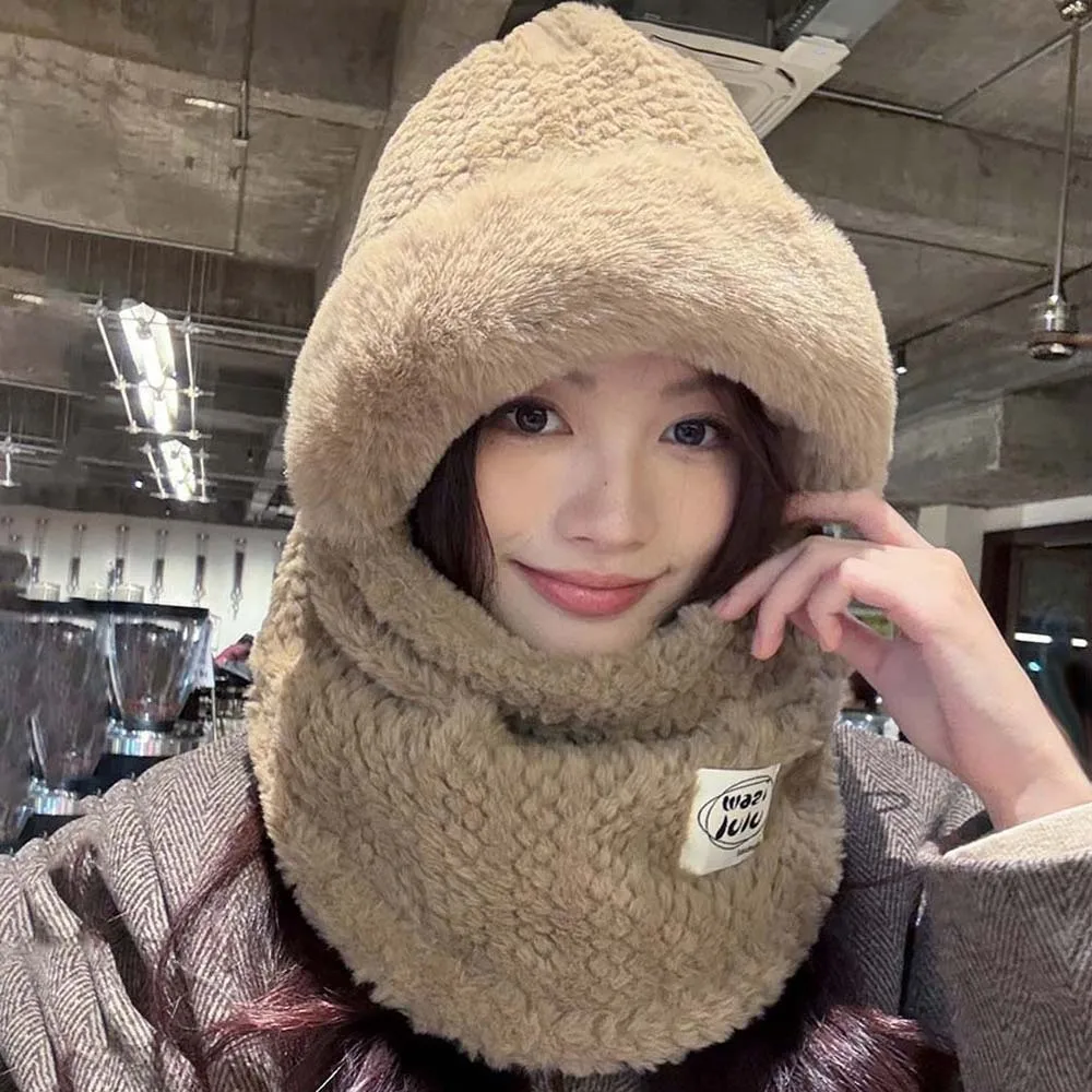 

Winter Integrated Scarf Cap 4 in 1 Soft Mask Woolen Hat Big Head Circumference Thickened Pullover Mask Cap Windproof